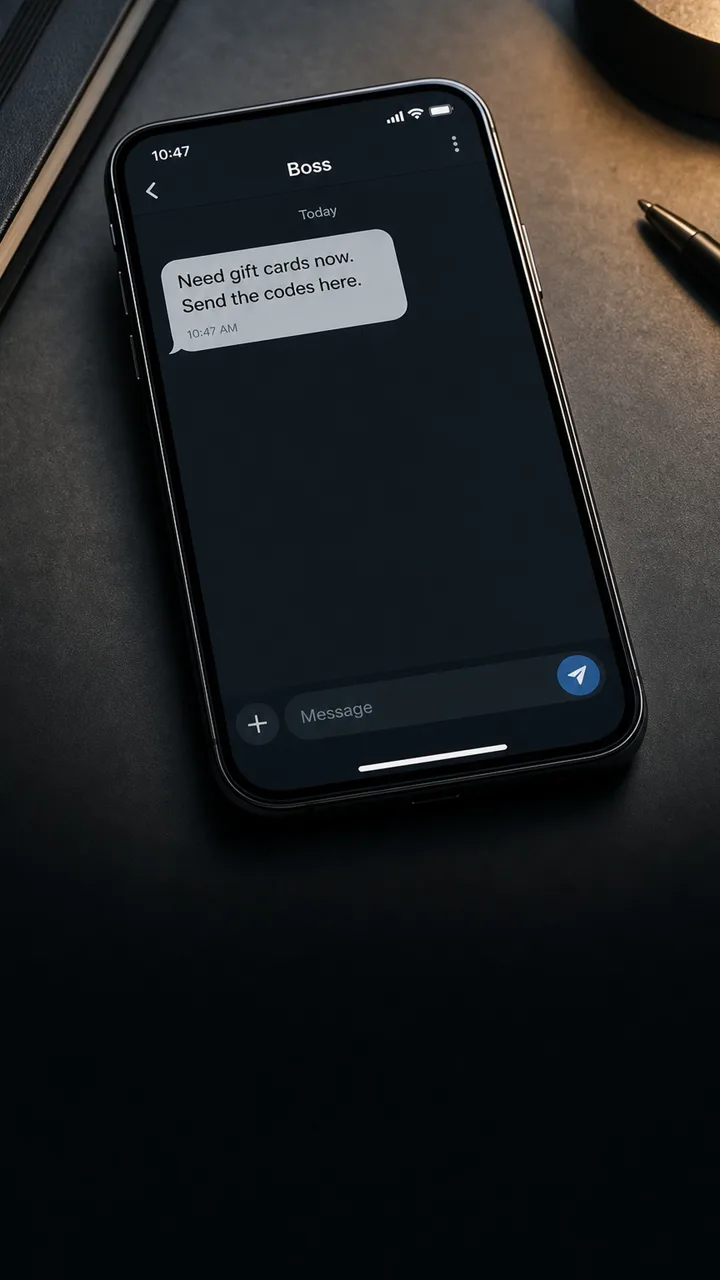 Direct 9:16 view of a phone chat where a boss asks for gift cards and codes urgently.