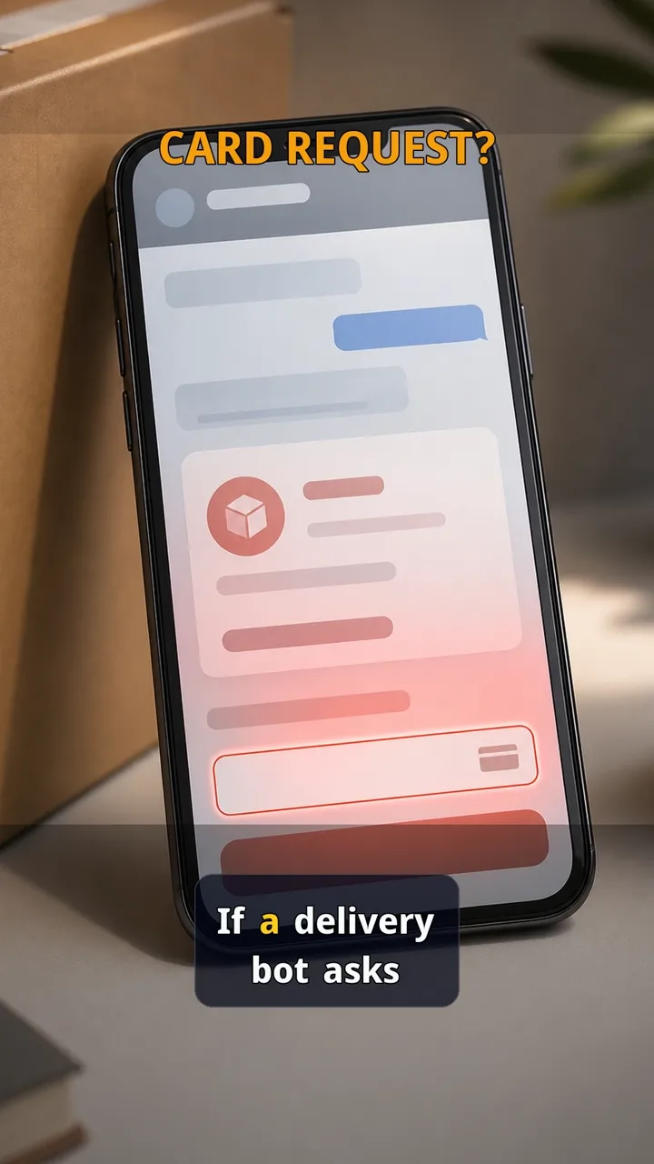Premium phone scene showing a suspicious delivery card request as a red flag