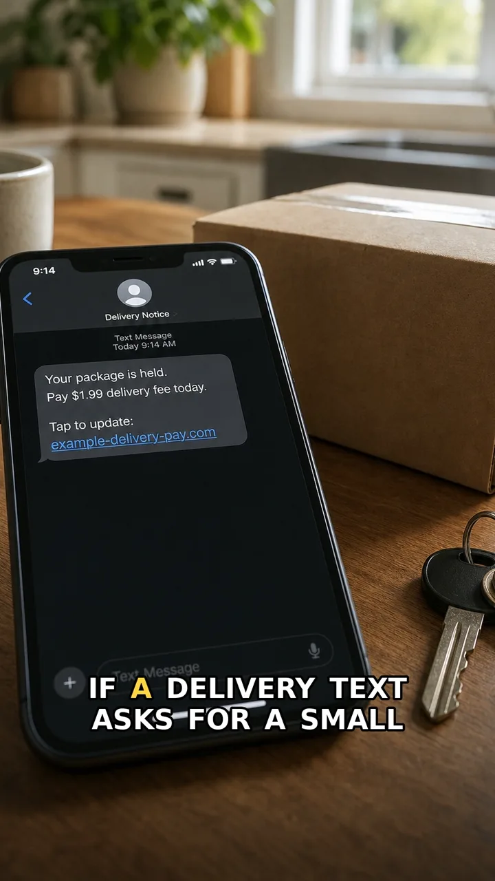 A phone showing a delivery text with a small fee, a deadline, and a link.