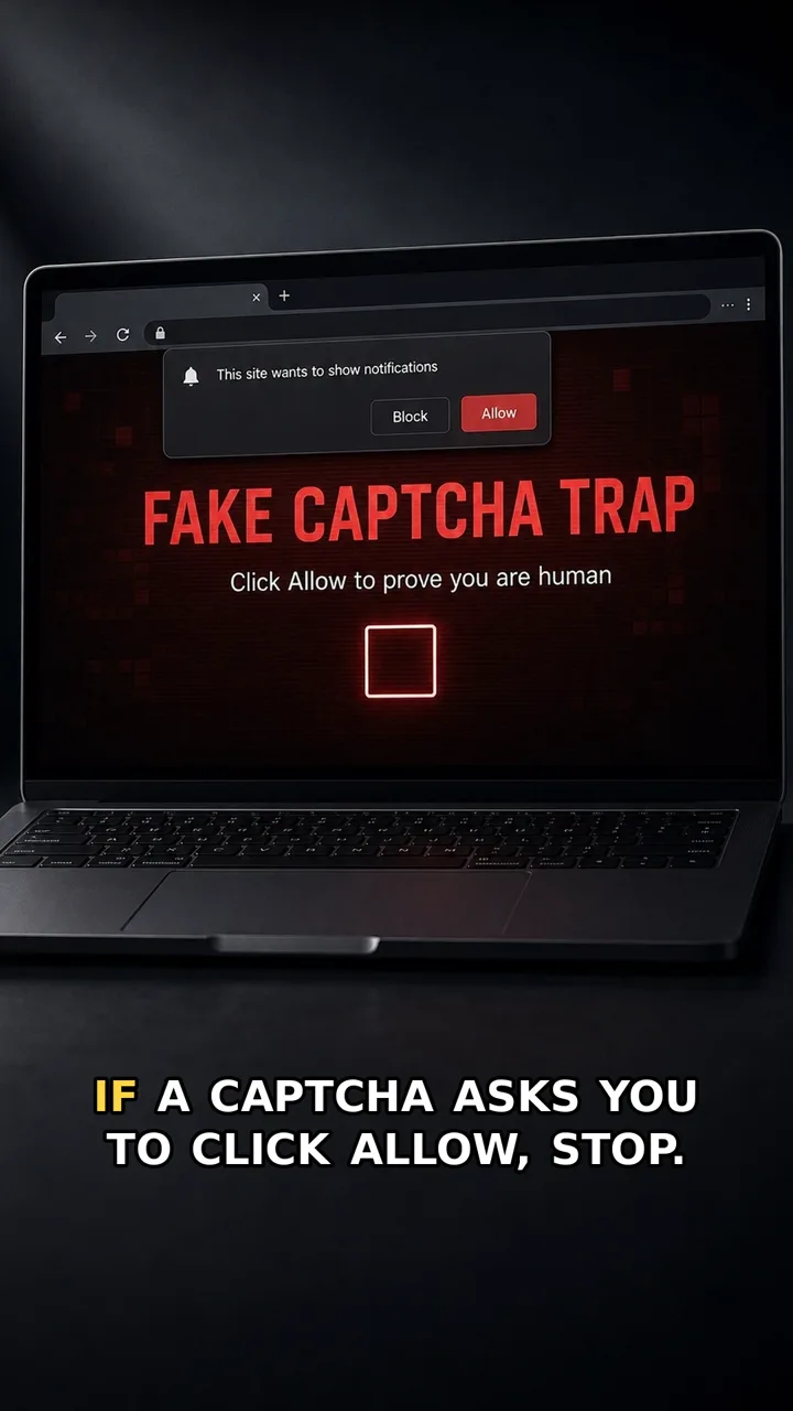 Fake CAPTCHA page with a visible title and a browser notification permission popup asking the user to click Allow.