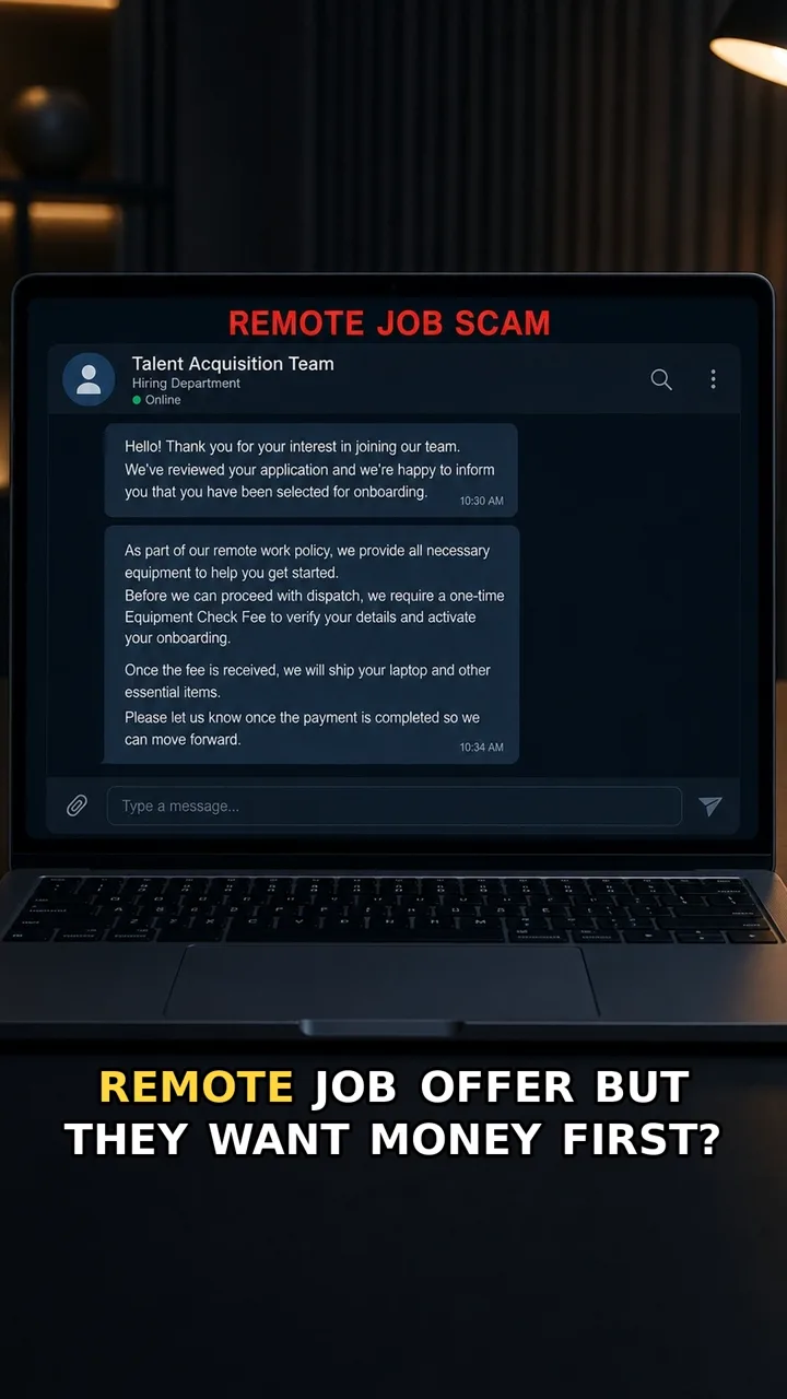 Remote job hiring chat showing an equipment check fee and warning title Remote Job? Don’t Pay First.