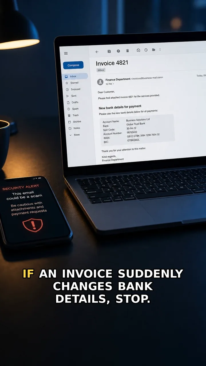 An invoice email showing a new bank account or changed payment details.