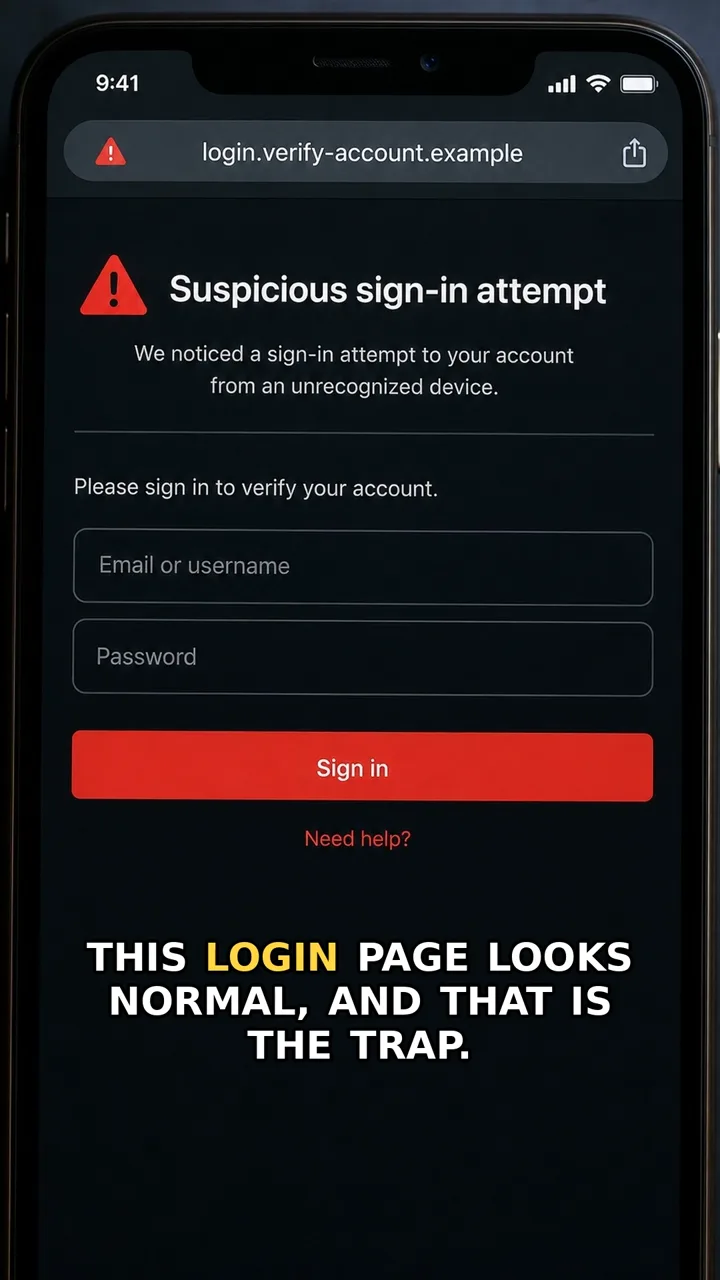 Direct view of a phone browser showing a suspicious fake login page with an odd example address.