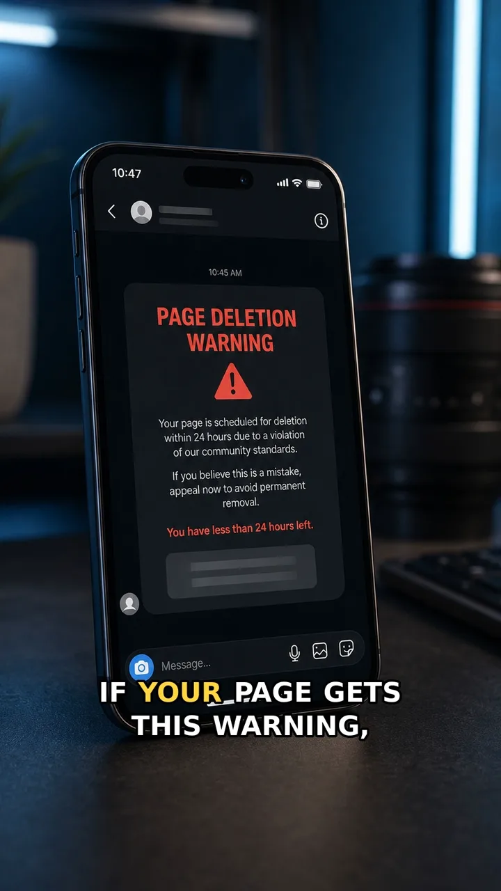 Generic social media message warning that a page may be deleted, with an appeal link as the visible red flag.