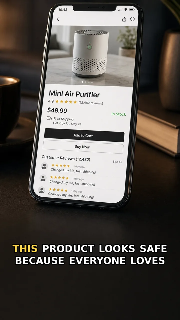 Direct view of a phone screen showing repeated five-star reviews on a product page.
