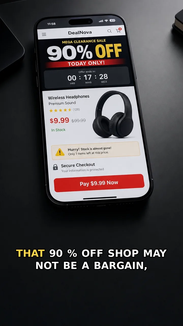 Phone screen showing a suspicious fake online shop with a huge discount and countdown timer.