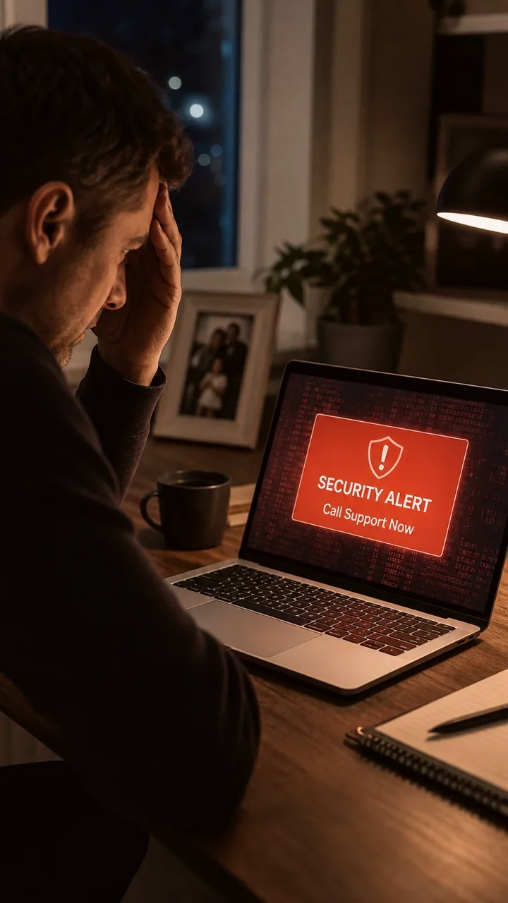 Person looking at a scary fake support popup that says to call support now.