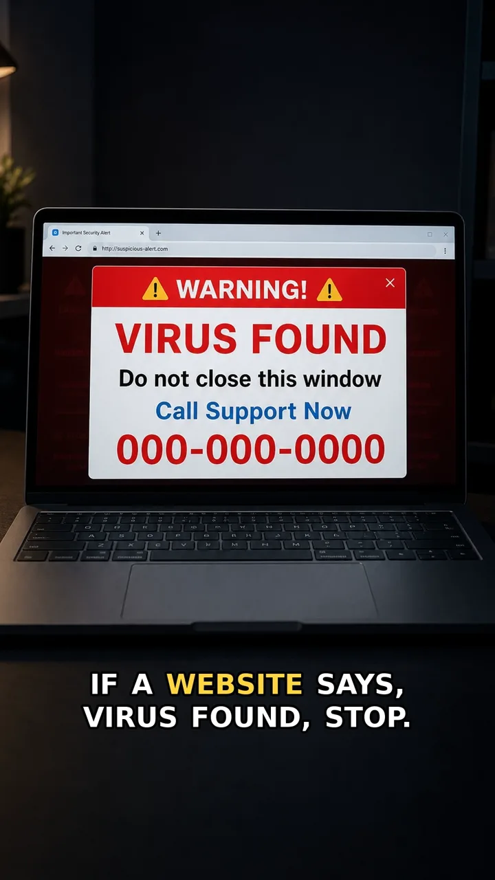 A browser window showing a scary support warning and a phone number.