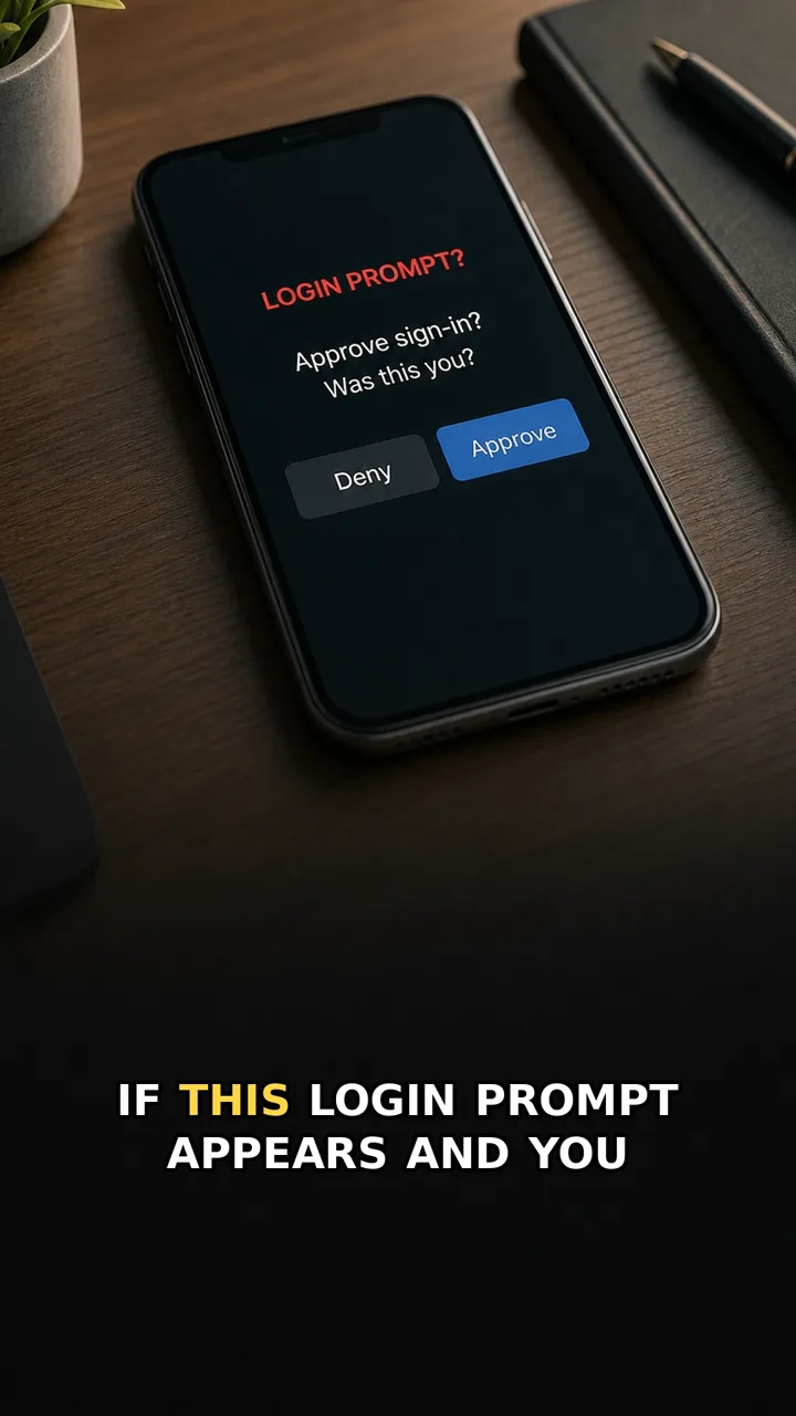 Generic phone screen showing an unexpected login approval prompt with Deny and Approve buttons.