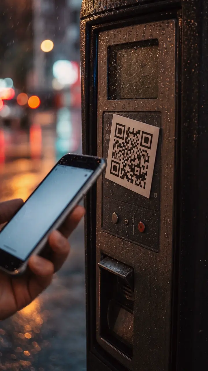 Parking meter with a suspicious QR-code sticker and a phone ready to scan.