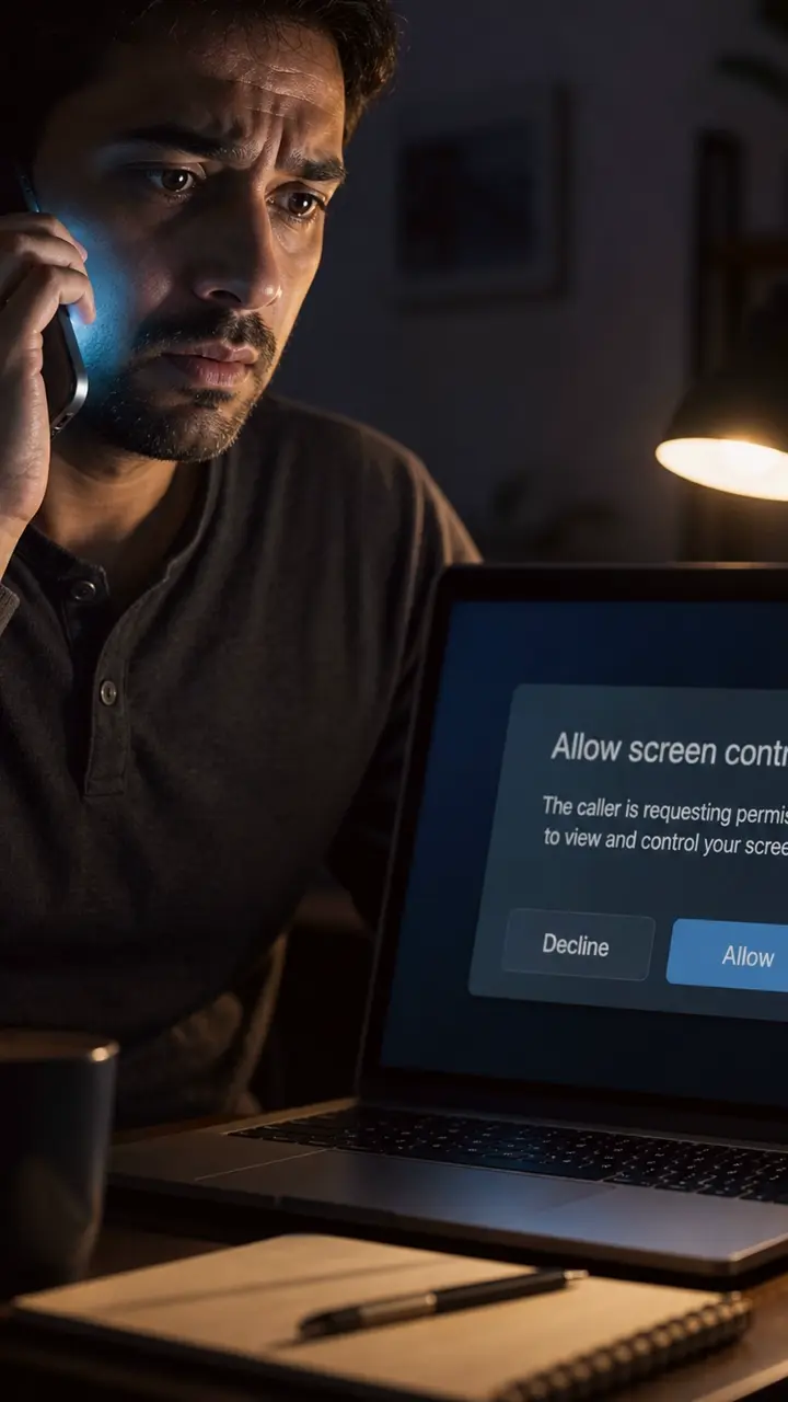 Laptop showing a generic screen-control request while a support call is active.