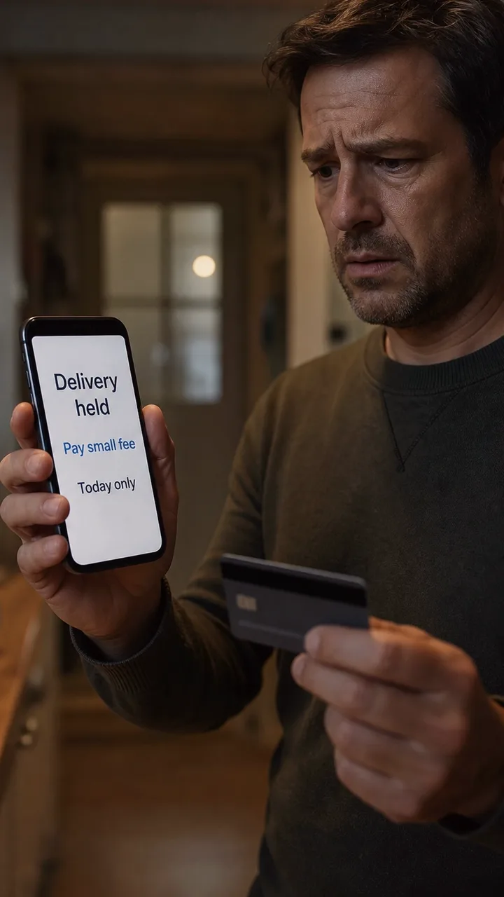Person holding a payment card while a phone shows a small delivery fee payment request.